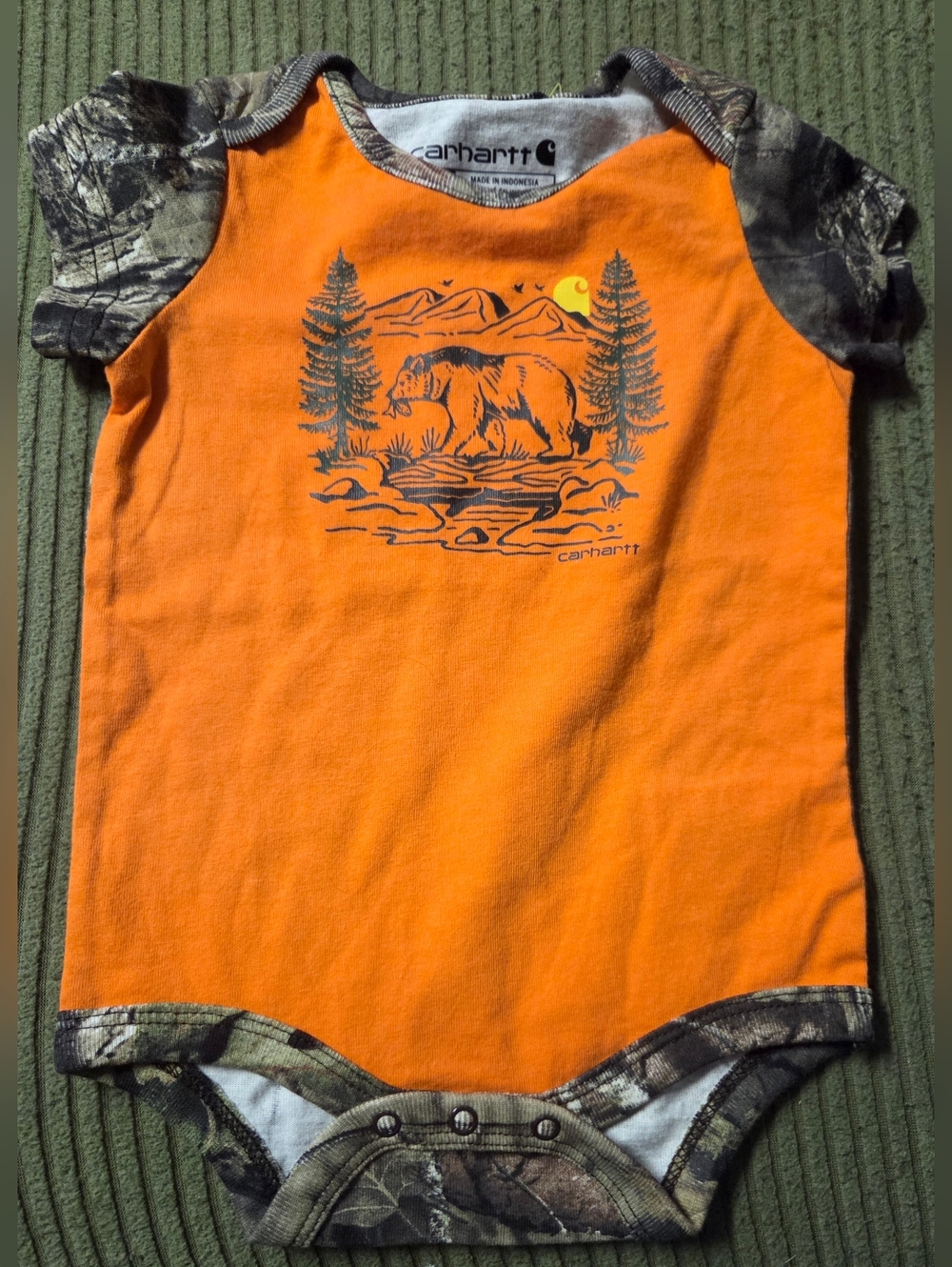 Carhartt Orange & Camo Bear Graphic Baby Onesie